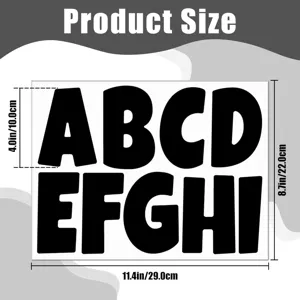 Product dimensions for large black alphabet vinyl stickers on bulletin board