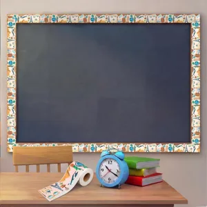 Detail view of 10m global travel themed bulletin board border stickers on chalkboard.