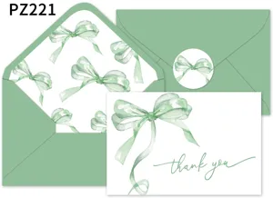 Juego de tarjetas de agradecimiento con lazo verde salvia en acuarela con sobres y pegatinas