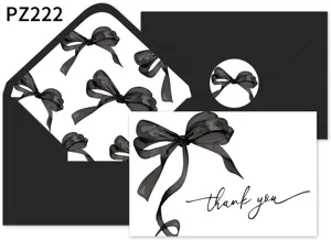 Juego de tarjetas de agradecimiento con lazo de acuarela y sobre negro elegante