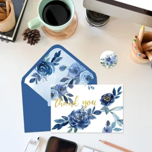 Lot de cartes de remerciement fleurs bleues aquarelle avec dorure et enveloppe