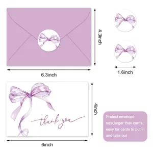 Juego de tarjetas de agradecimiento con lazo de acuarela y dimensiones del sobre