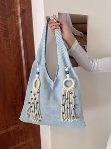Bohemian Strick Tragetasche Mit Quaste Böser Blick Akzent Lässige Hohle Strand Handtasche Sommer Unterarm Schultertasche Für Damen