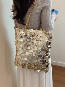 Stylish summer sequin tote bag with shimmering gold paillettes, shoulder bag for women