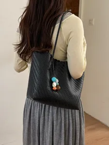 Elegante bolso tote de cuero trenzado negro para mujer, gran capacidad para oficina
