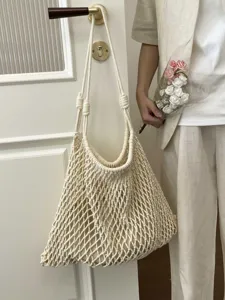 Bolso tote de macramé crema calado gran capacidad bolso de playa tejido de verano