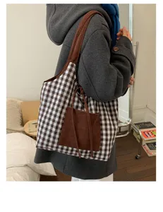 Large capacity vintage brown gingham shoulder bag with a solid brown pocket detail
