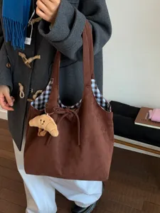 Vintage large capacity brown tote bag with gingham lining and croissant plush charm