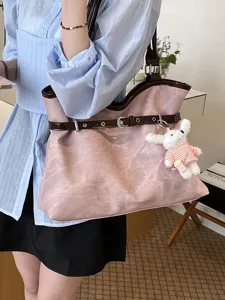 Sac cabas en similicuir rose avec boucle de ceinture marron et jolie breloque lapin