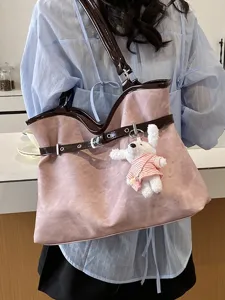 Sac cabas rose décontracté avec ceinture marron et charmant lapin pour le quotidien