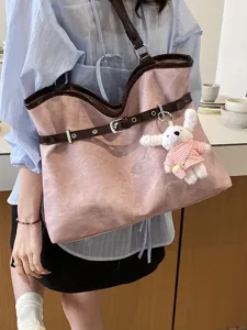 Sac cabas rose élégant pour femme avec ceinture en cuir et breloque lapin mignonne