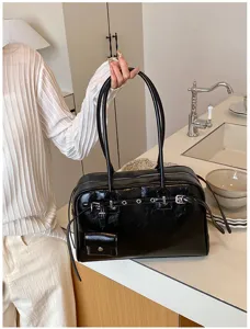 Premium black glossy soft leather shoulder bag with chic buckle strap for women