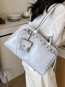 Korean Minimalist Soft PU Leather Underarm Bag For Women Large Capacity Commuter Shoulder Bag With Mini Pouch Pendant Solid Color