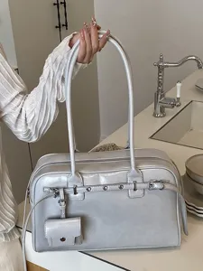 Minimalist silver-grey soft leather underarm bag for women with long shoulder straps