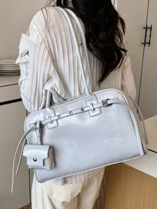 Elegant light grey soft leather commuter shoulder bag for women with small matching pouch
