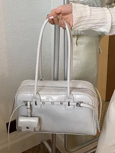 Elegant creamy white soft leather shoulder bag for women, minimalist summer fashion style