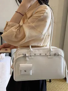 Minimalist white soft leather shoulder bag for women, versatile commuter underarm tote