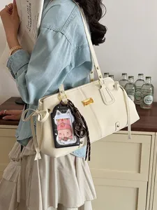 Vintage PU Leder Baguette Tasche Damen Kontrastnähte Koreanischer Stil Unterarmtasche Lässige Pendler Umhängetasche Katzen Anhänger