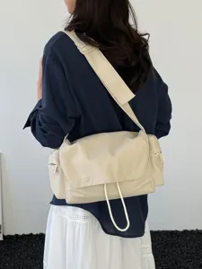 Große beige Nylon-Umhängetasche für Damen, minimalistische japanische Kuriertasche