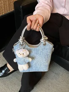Γυναικεία Τσάντα Tote Τζιν Μπλε Patchwork Με Στρας Τσάντα Ώμου Χιαστί Μόδα Λαβές από Δέρμα PU Τσάντα Χειρός Μετακίνησης