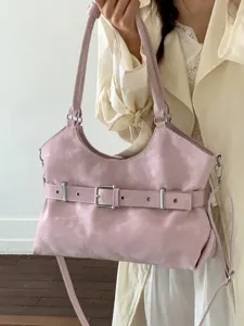 Elegante minimalistische roze draagtas voor dames met decoratieve riem en metalen gesp
