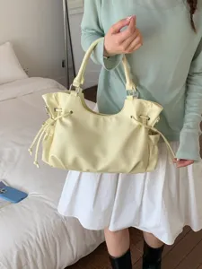 Koreanischer Stil Minimalistisch Weich PU Leder Tote Bag Für Damen Einfarbig Große Kapazität Schultertasche Trendige Kordelzug Gerafft Pendler Handtasche