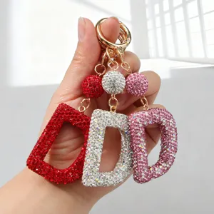 Porte-Clés Alphabet en Strass Pendentif Lettre Scintillante Anneau de Clé de Voiture Rond en Métal Charmes de Sac à Main de Luxe