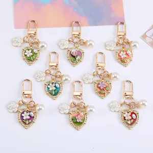 Ins Pearl Heart Flower Keychain Pendant For AirPods Case Bag Charm Alloy Enamel Camellia Keyring Gift For Women Friends