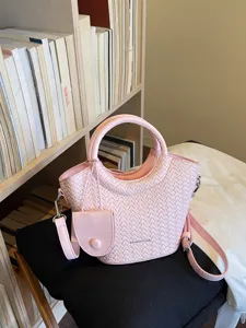 Women Embossed Woven Pattern Bucket Bag PU Leather Round Handle Shoulder Crossbody Bag With Mini Pouch Casual Commuter Handbag