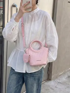 Fashionable pink woven texture bucket handbag with matching coin pouch for women