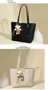 Comparison of black and cream large capacity commuter tote bags with cute bear charm