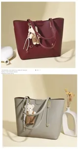 Detailed view of large capacity tote bags in burgundy and grey with bear charm