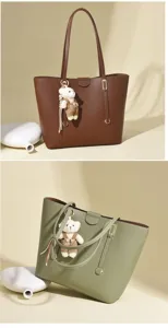 High-quality detail of brown and green minimalist tote bags with cute bear charm accents