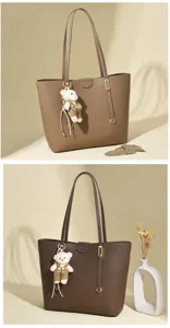 Large capacity solid color tote bags in two brown shades with cute bear pendant charms