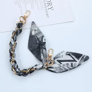 Short phone lanyard with black and white letter print silk scarf and gold chain detail