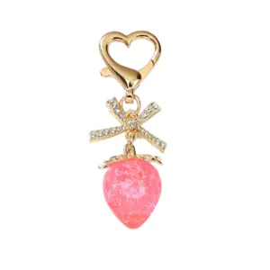 Sweet pink strawberry keychain with rhinestone bow and golden heart clasp pendant