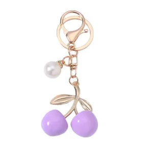 Cute purple cherry keychain with pearl charm for car or bag decoration