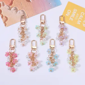 Sweet Ins Resin Cherry Blossom Keychain Charm Decorative Flower Artificial Pearl Phone Car Bag Pendant Ornament For Women