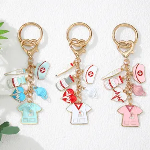 Nurse Medical Theme Keychain Zinc Alloy Enamel Syringe Stethoscope Mask Heart Pendant Keyring Gift For Doctor Nurse Student