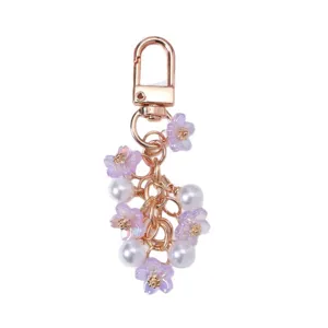 Sweet purple cherry blossom keychain with white pearls and rose gold lobster clasp