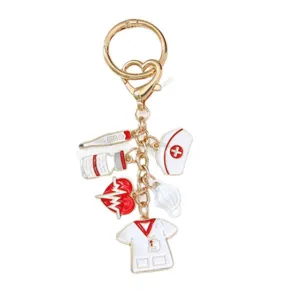 Elegant medical themed keychain featuring nurse hat heart and thermometer charms