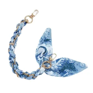 Blue and white silk scarf phone strap with gold chain and dual lobster clasps