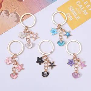 Cute Shell Starfish Keychain Alloy Drip Oil Flower Bag Charm For Women Girls Gift Gold Artificial Pearl Keyring Accessories