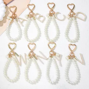 Korean Style Artificial Pearl Letter Keychain Heart Shape Buckle Bag Charm Phone Strap Headset Case Decoration Women Gift