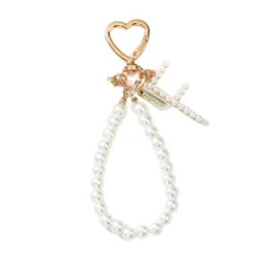 Elegant pearl letter F keychain with rose gold heart clasp for bags or phone straps