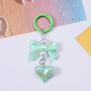 Candy colored bow and heart keychain with pearls for bag charm decoration