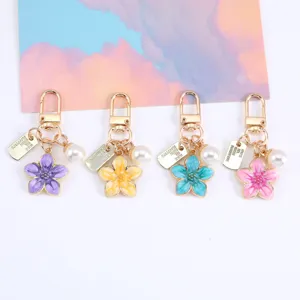Portachiavi Lega Smalto Fiore Perla Artificiale Dolce Carino Ciliegio Ciondolo Borsa Con Piastrina Identificativa Nome