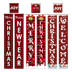 Pancartas de Porche de Navidad Merry Christmas Happy New Year Decoración Colgante de Puerta de Cuadros Buffalo para Hogar Puerta de Entrada Decoraciones de Fiesta de Navidad
