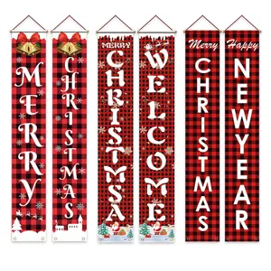 Pancartas navideñas para puerta en cuadros rojos y negros para decoración festiva