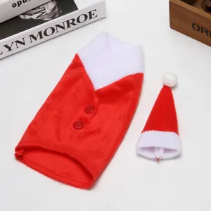 Red velvet Christmas wine bottle cover set with mini Santa hat for festive table decor